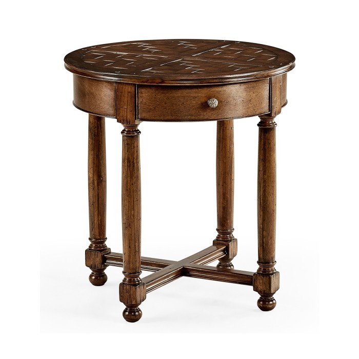 Round parquet topped side table