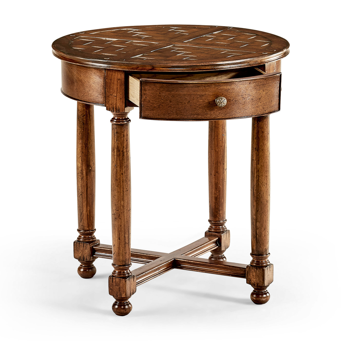 Round parquet topped side table