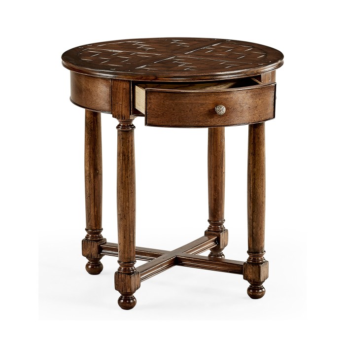 Round parquet topped side table