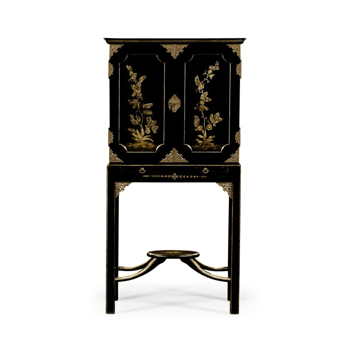 Small Black & Gold Chinoiserie Collectors Cabinet
