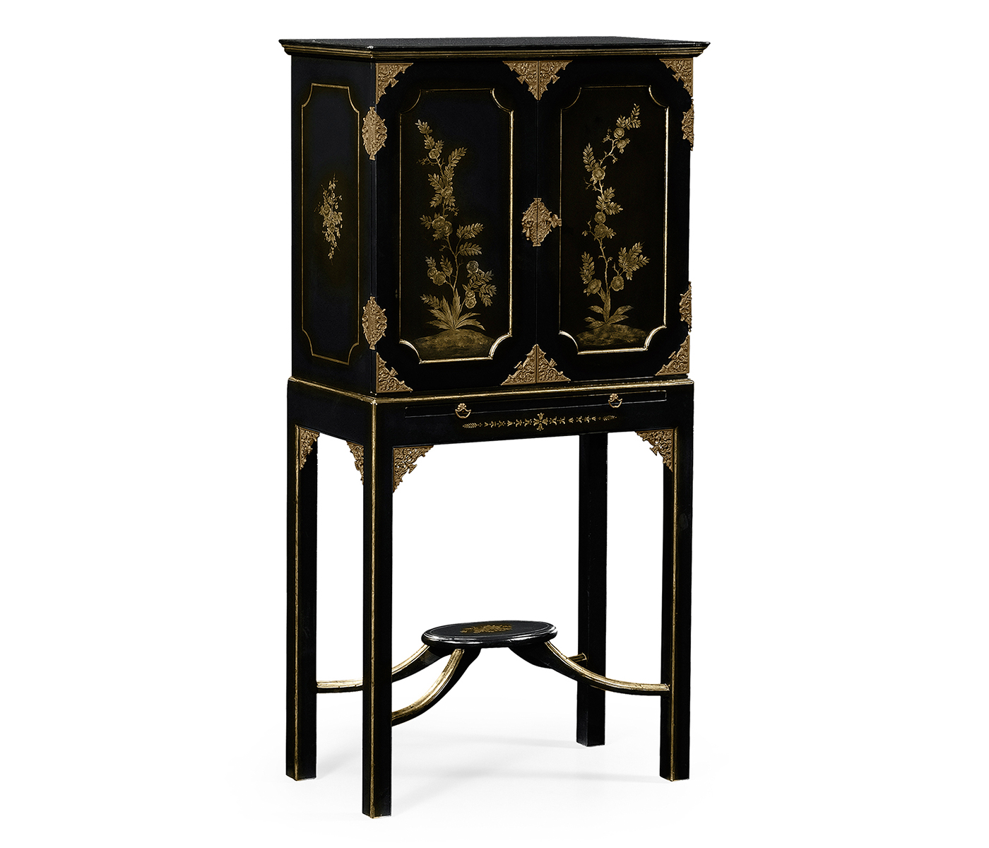 Small Black & Gold Chinoiserie Collectors Cabinet