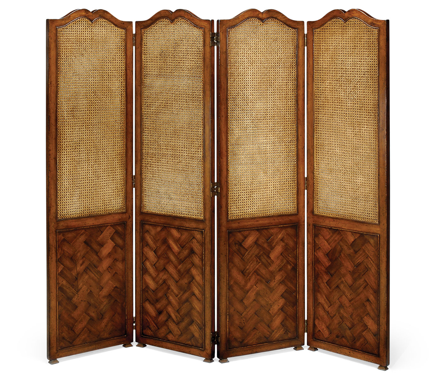 French caned & parquet four panel screen
