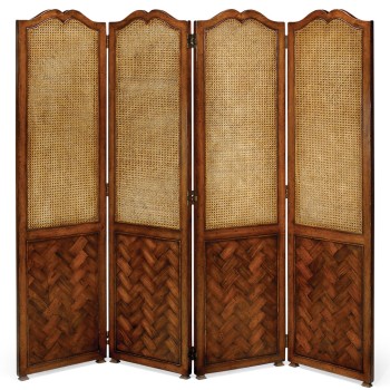 French caned & parquet four panel screen
