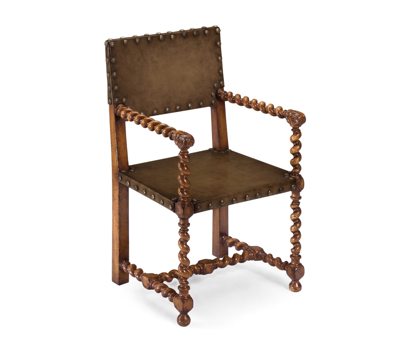 Tudor Style Medium Antique Chestnut Leather Hall Seat Arm Chair