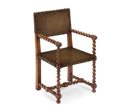 Tudor Style Medium Antique Chestnut Leather Hall Seat Arm Chair