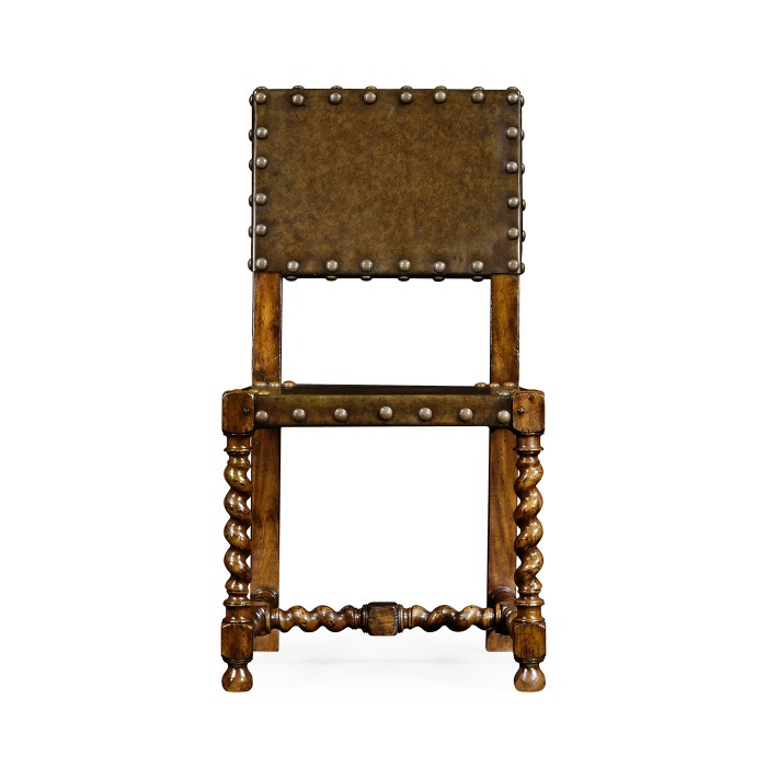 Tudor Style Medium Antique Chestnut Leather Hall Seat Side Chair
