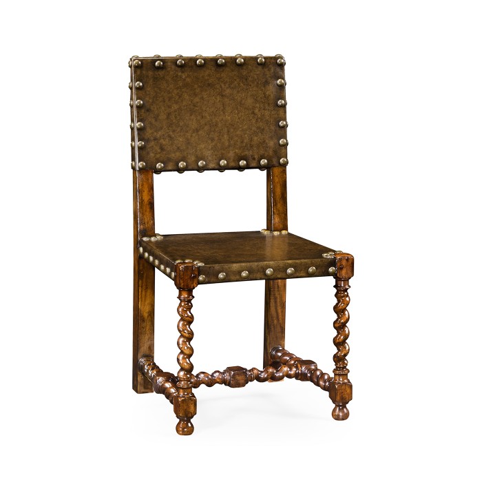 Tudor Style Medium Antique Chestnut Leather Hall Seat Side Chair