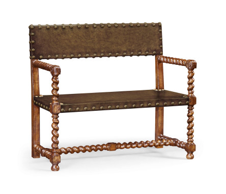 Tudor Style Walnut Bench with Antique Chestnut Leather