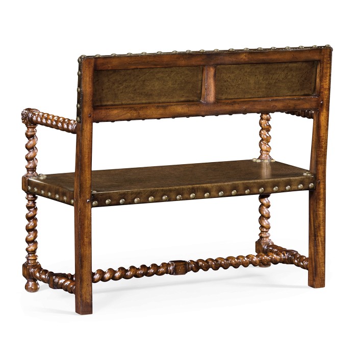 Tudor Style Walnut Bench with Antique Chestnut Leather