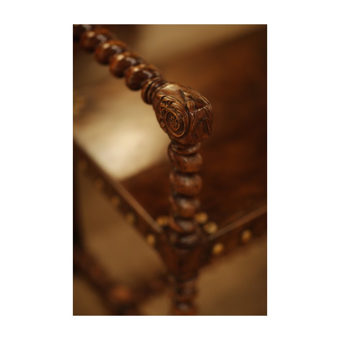 Tudor Style Walnut Bench with Antique Chestnut Leather