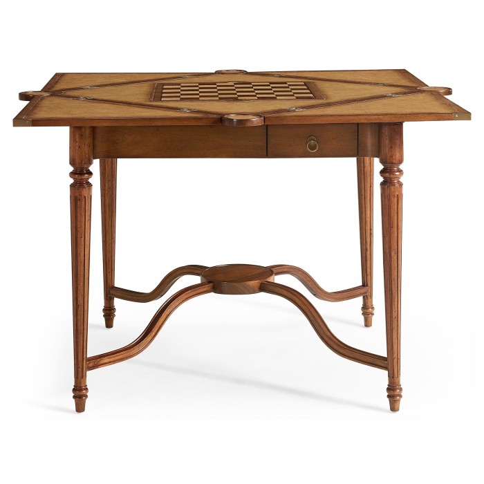 Walnut Leather Games Table with Geometric Inlays