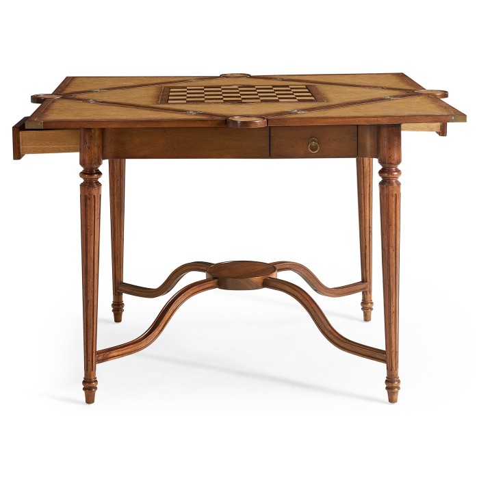 Walnut Leather Games Table with Geometric Inlays