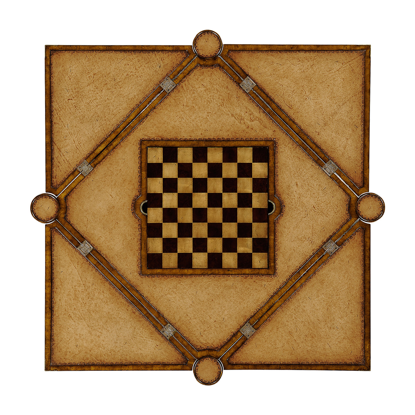 Walnut Leather Games Table with Geometric Inlays