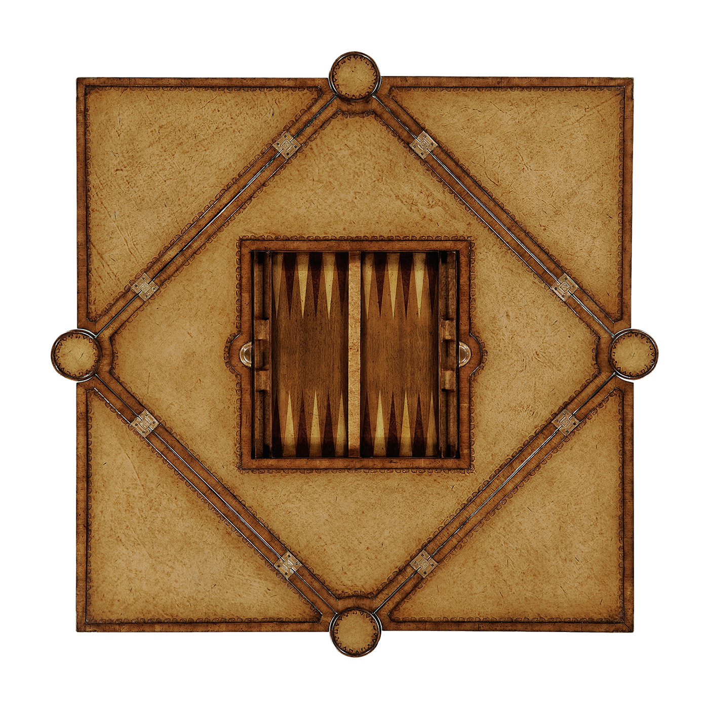 Walnut Leather Games Table with Geometric Inlays