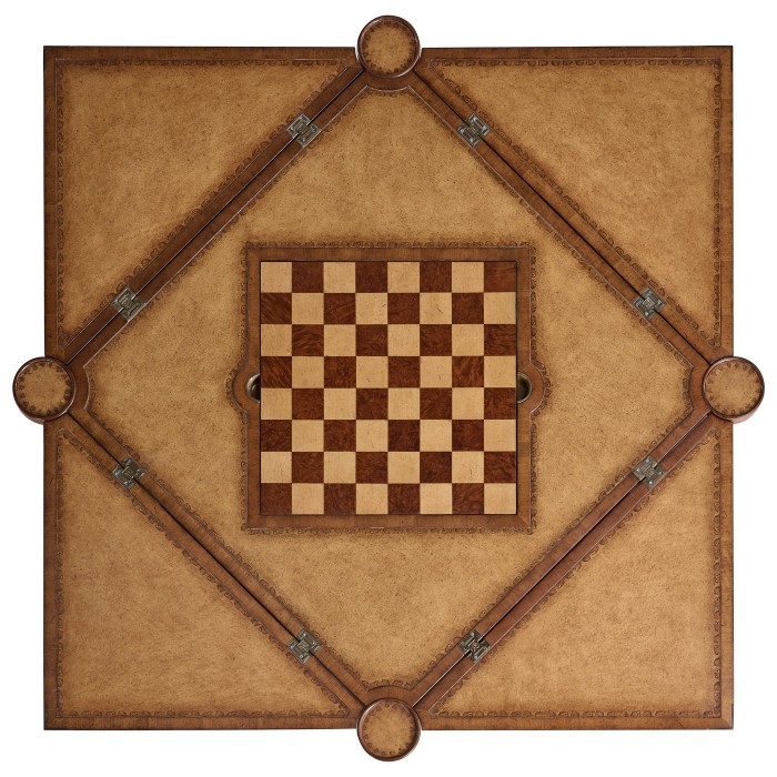 Walnut Leather Games Table with Geometric Inlays