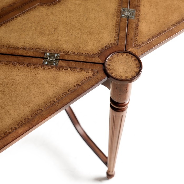 Walnut Leather Games Table with Geometric Inlays