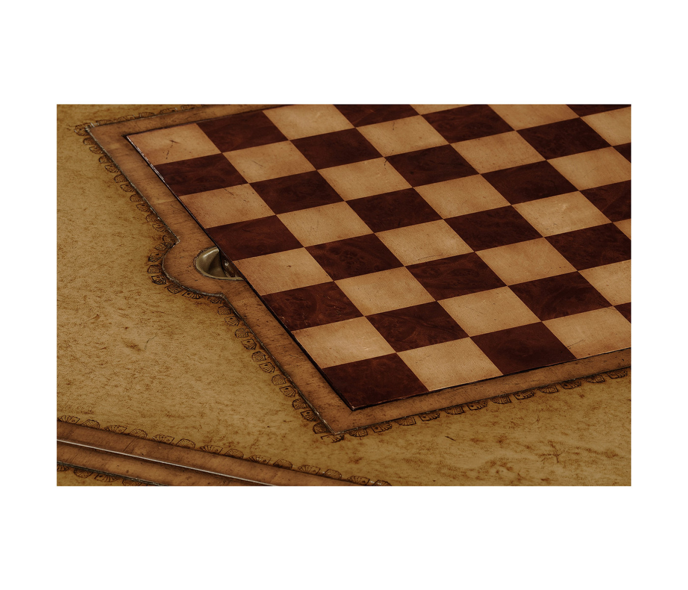 Walnut Leather Games Table with Geometric Inlays