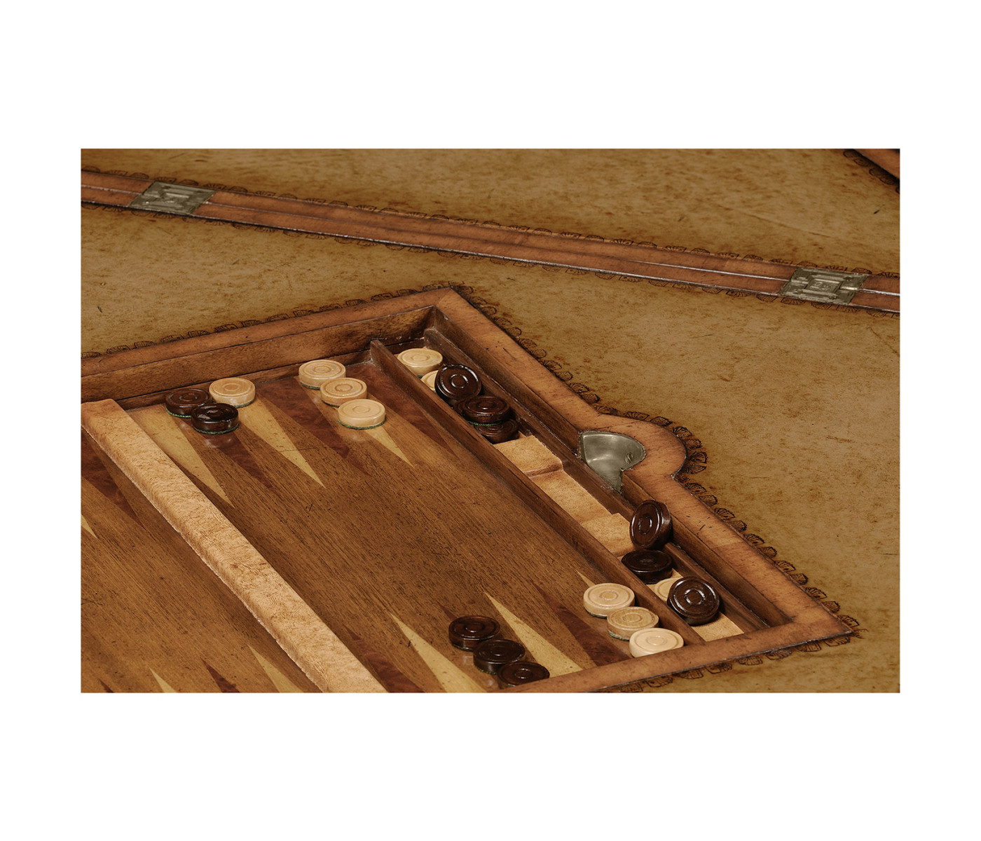 Walnut Leather Games Table with Geometric Inlays