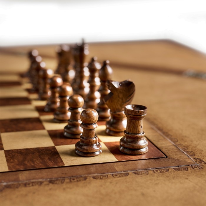 Walnut Leather Games Table with Geometric Inlays