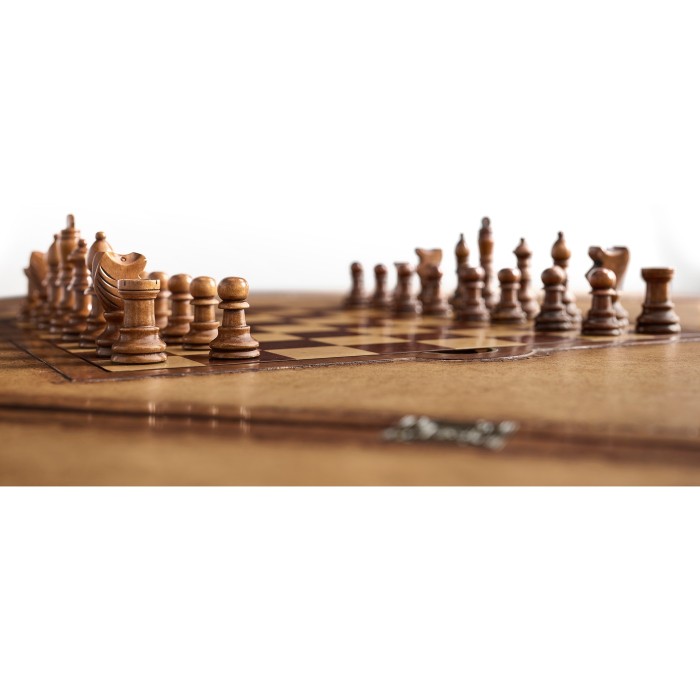 Walnut Leather Games Table with Geometric Inlays
