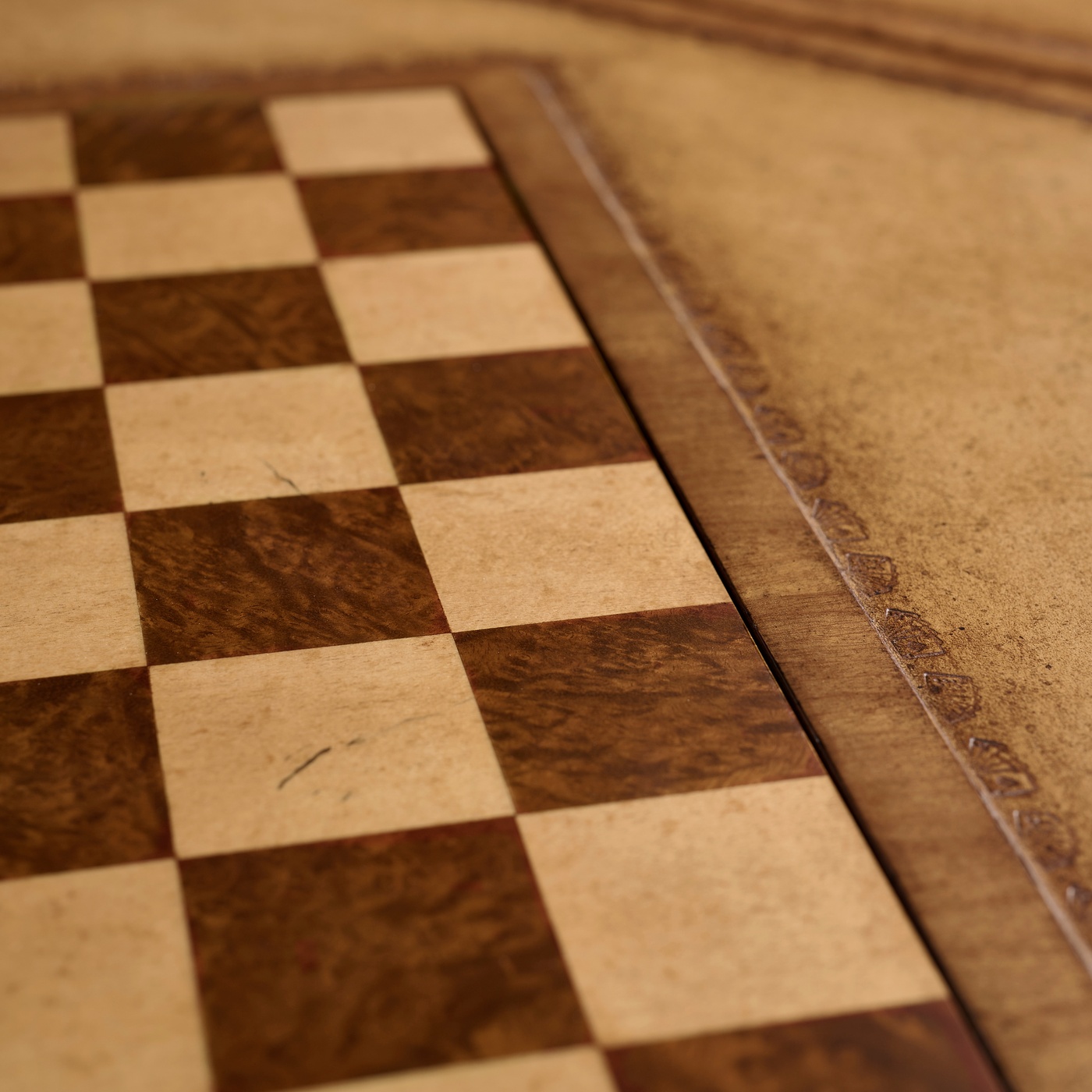Walnut Leather Games Table with Geometric Inlays