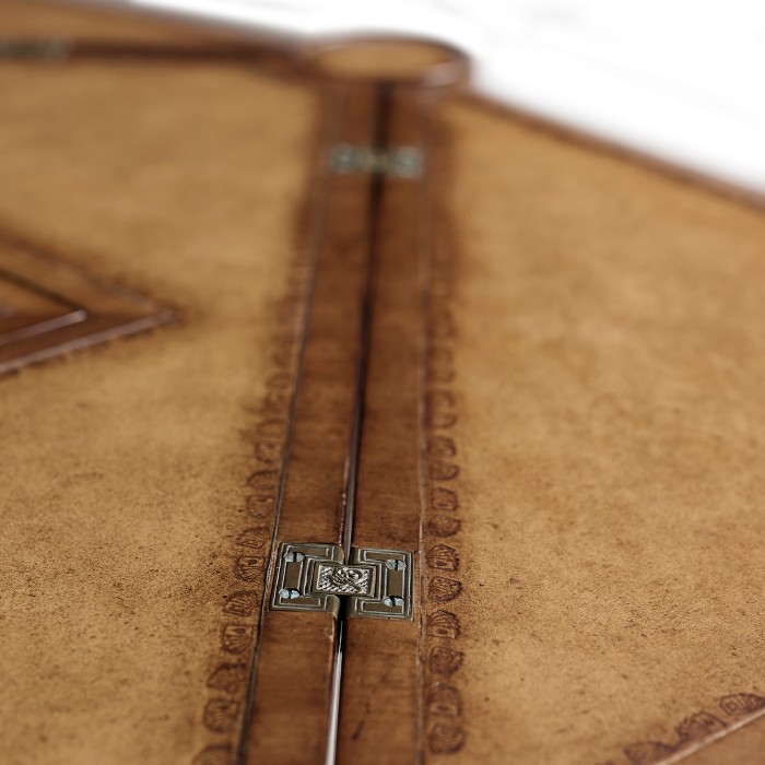 Walnut Leather Games Table with Geometric Inlays