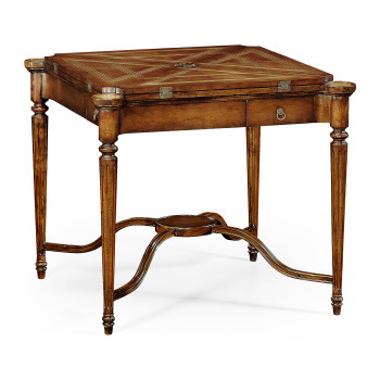 Walnut Leather Games Table with Geometric Inlays