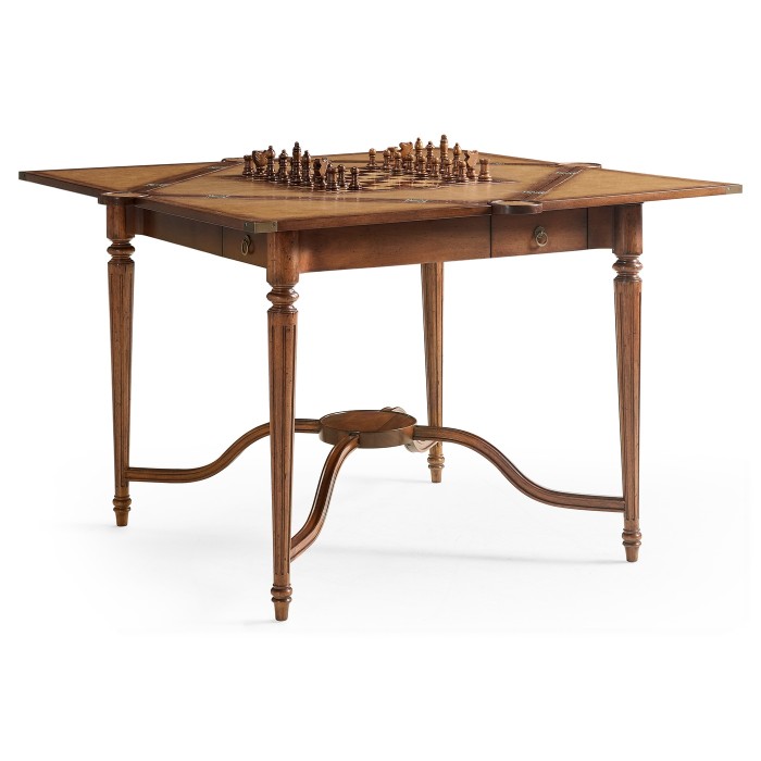 Walnut Leather Games Table with Geometric Inlays
