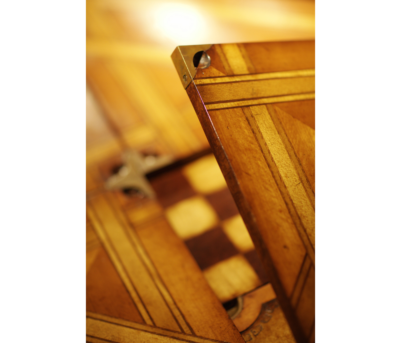 Walnut Leather Games Table with Geometric Inlays