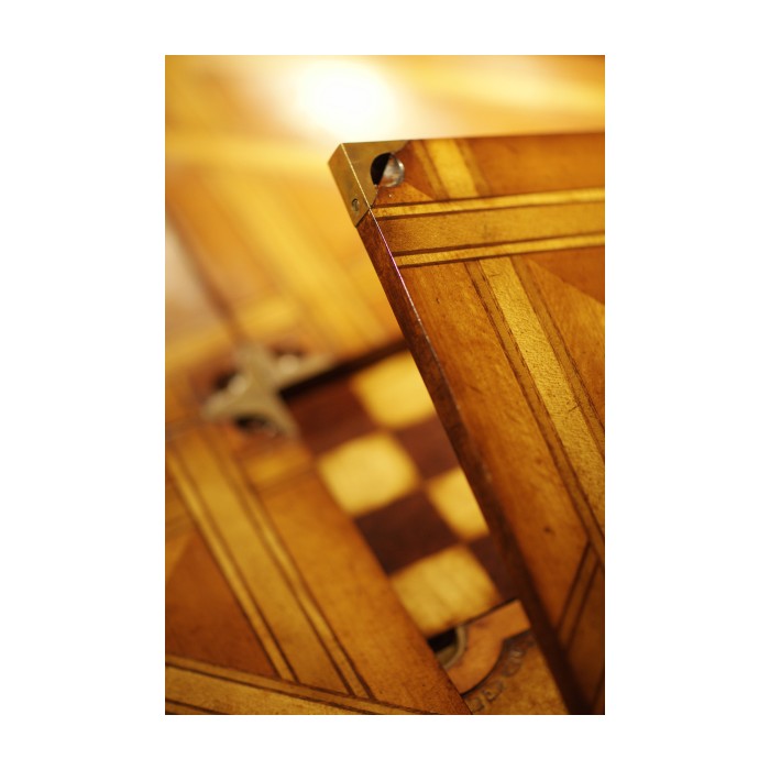 Walnut Leather Games Table with Geometric Inlays