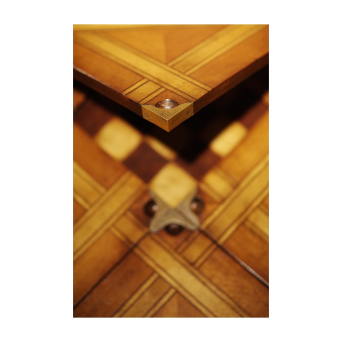 Walnut Leather Games Table with Geometric Inlays