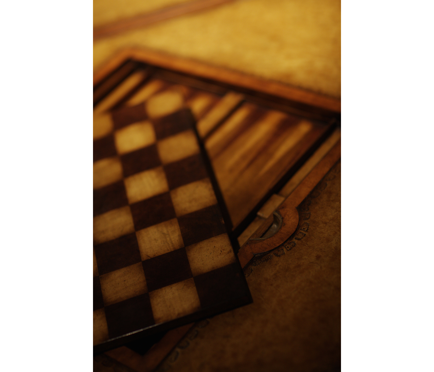 Walnut Leather Games Table with Geometric Inlays
