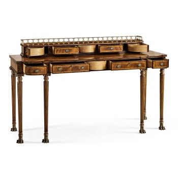 Crotch walnut buffet or serving table with brass gallery
