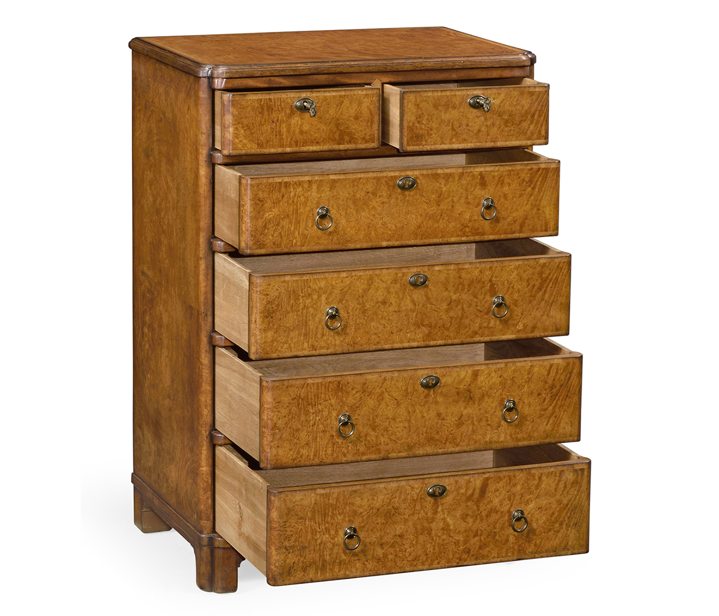 Bow front walnut chest of six drawers