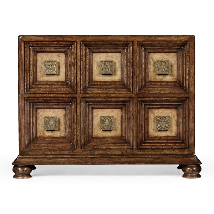 Distressed walnut six drawer chest with square brass handles