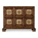 Distressed walnut six drawer chest with square brass handles