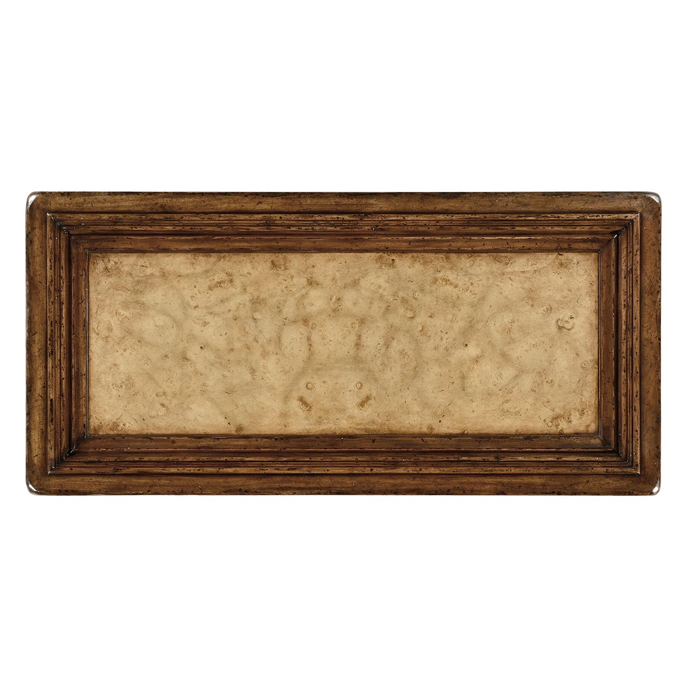 Distressed walnut six drawer chest with square brass handles