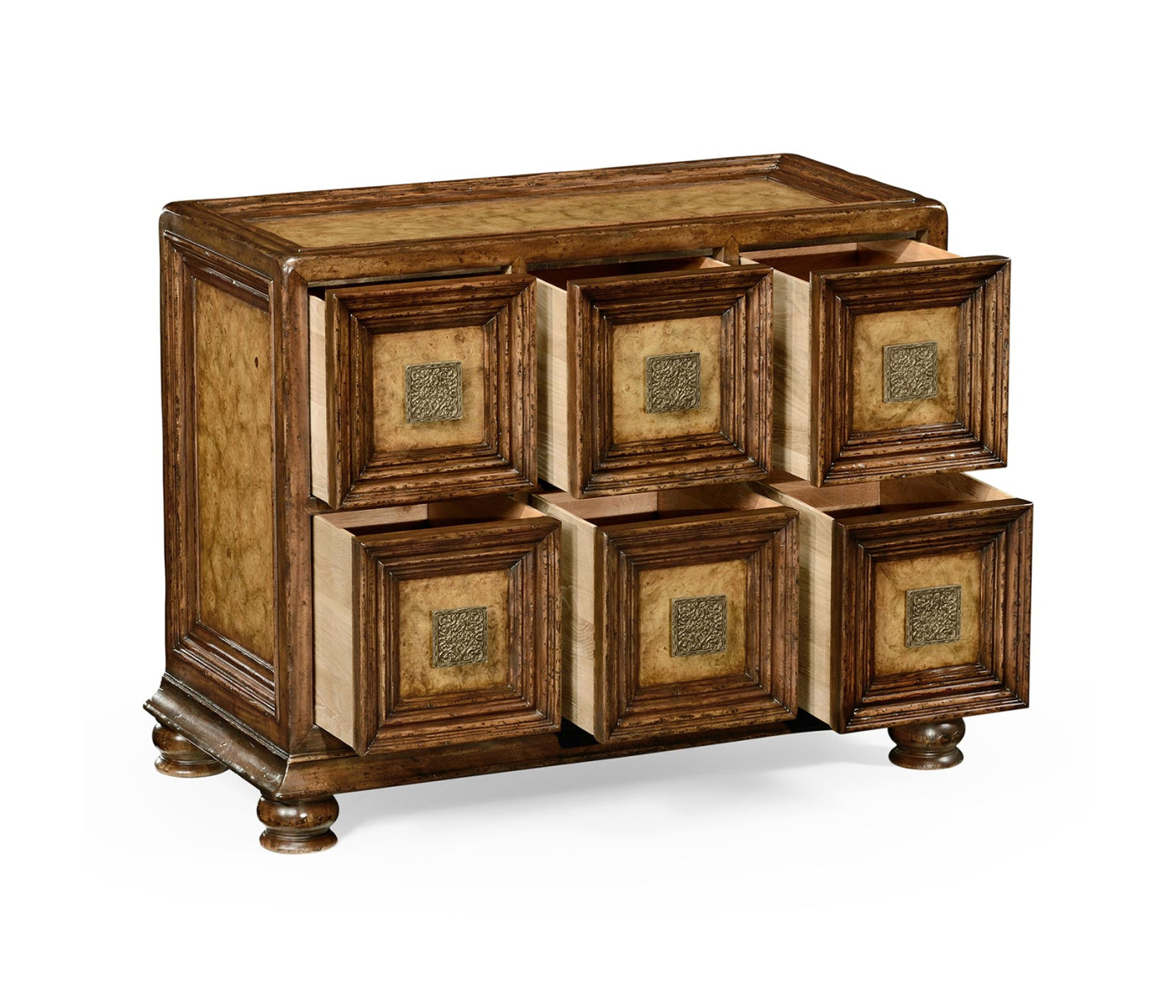 Distressed walnut six drawer chest with square brass handles