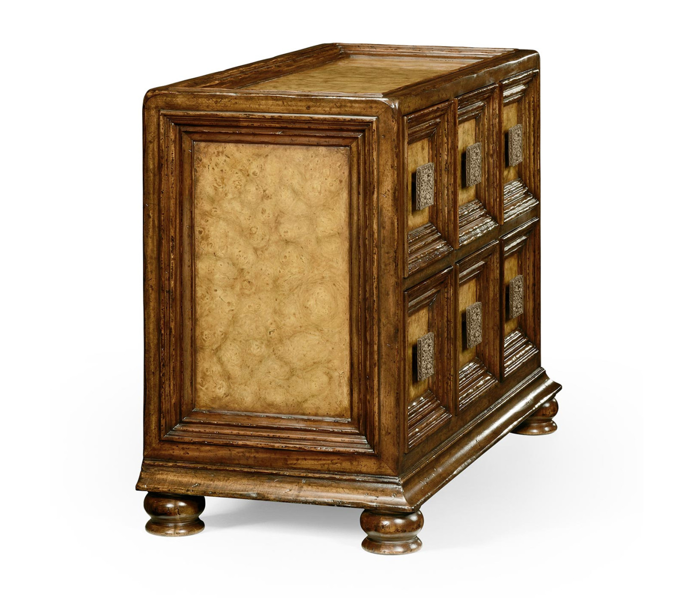 Distressed walnut six drawer chest with square brass handles