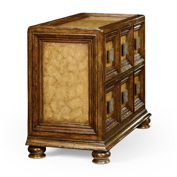 Distressed walnut six drawer chest with square brass handles
