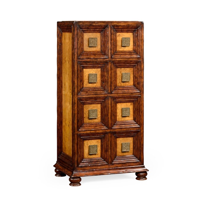 Distressed walnut tall 8-drawer chest (Square brass handles)