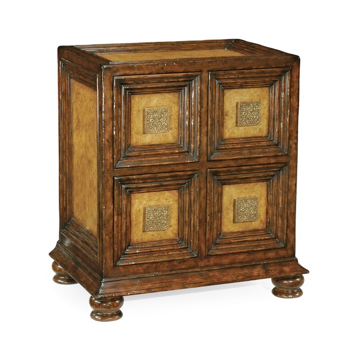 Distressed walnut bedside chest with square brass Handles
