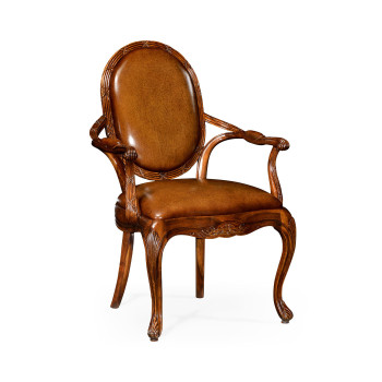 Leather Upholstered Rococo Arm Chair with Medium Antique Chestnut Leather