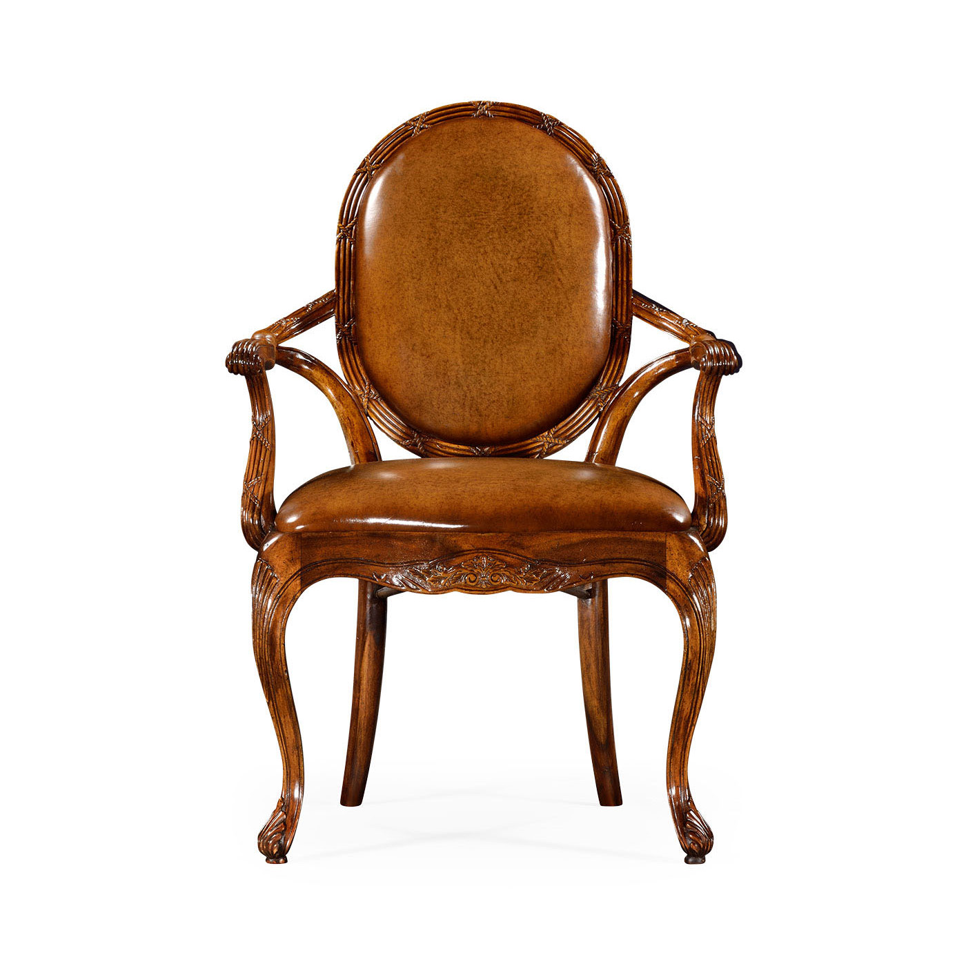 Leather Upholstered Rococo Arm Chair with Medium Antique Chestnut Leather