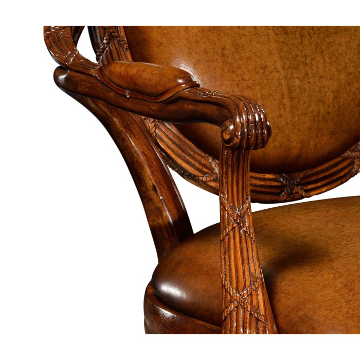Leather Upholstered Rococo Arm Chair with Medium Antique Chestnut Leather