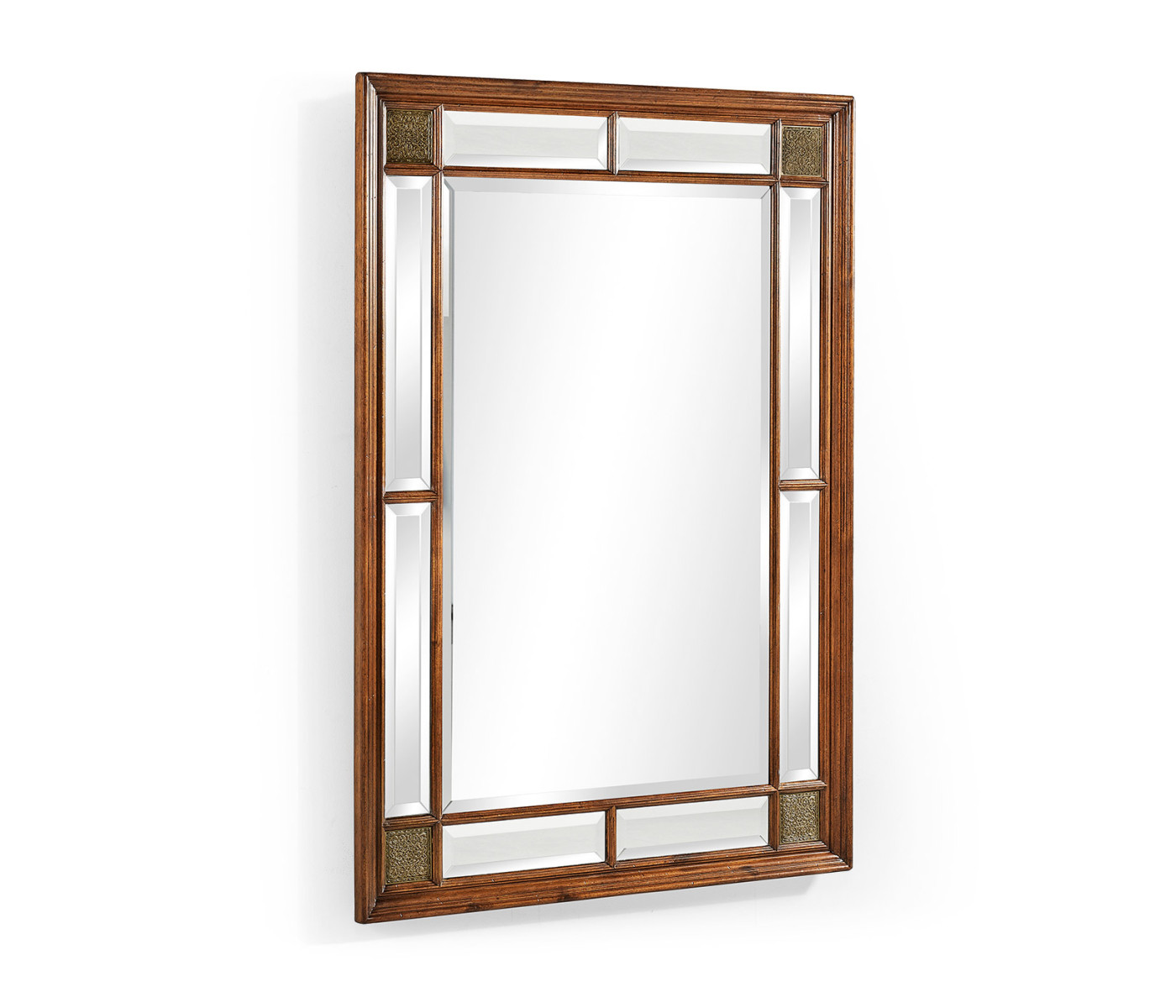 Rectangular Walnut Panelled Mirror with Brass Details