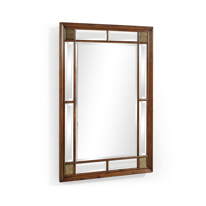 Rectangular Walnut Panelled Mirror with Brass Details
