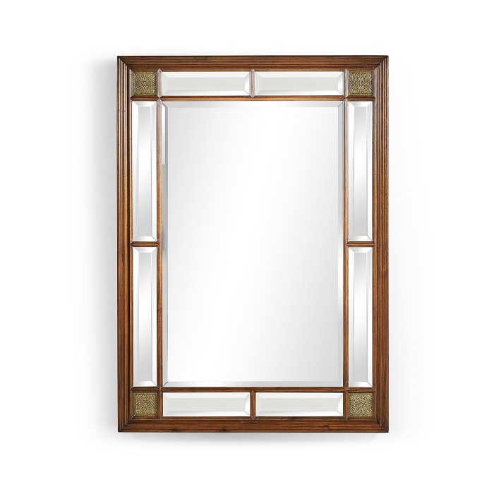 Rectangular Walnut Panelled Mirror with Brass Details