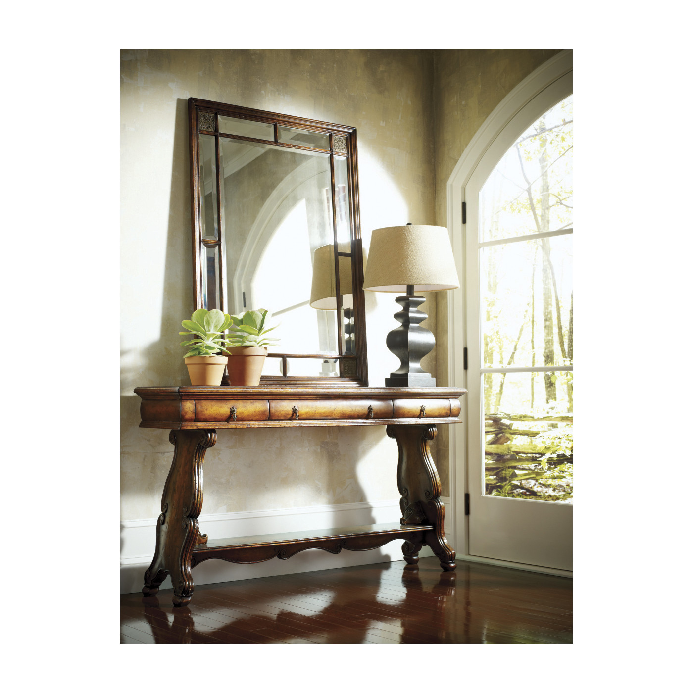 Rectangular Walnut Panelled Mirror with Brass Details