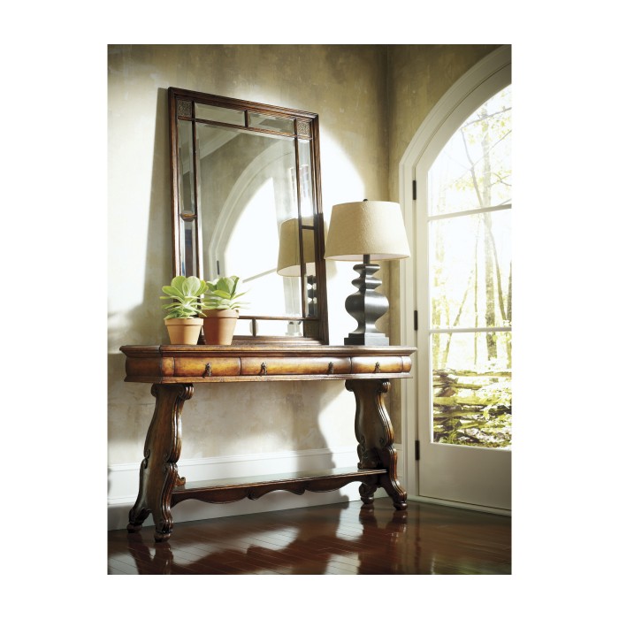 Rectangular Walnut Panelled Mirror with Brass Details